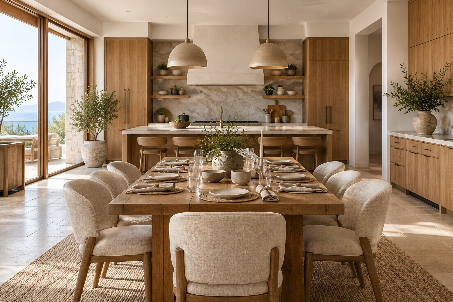 Prepared dining area and refined oak and stone kitchen in a premium vacation rental