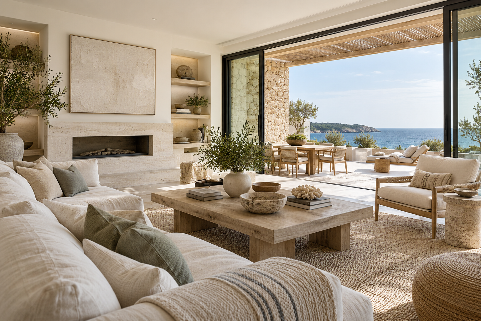 Refined short-term rental living room opening to a coastal terrace